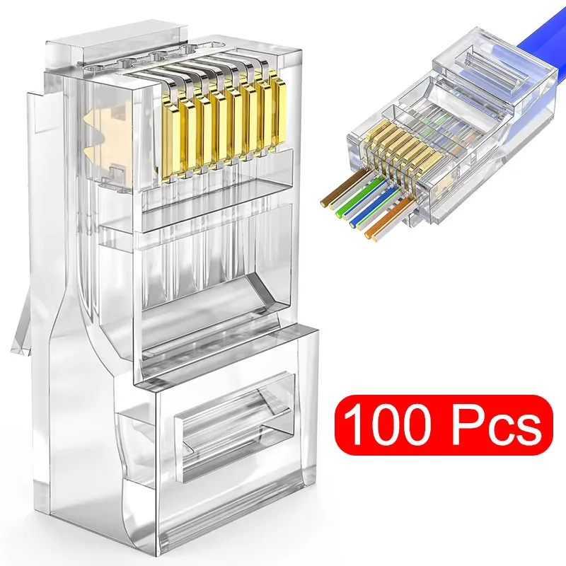 

100pcs/lot RJ45 CAT6 CAT5e Pass Through Connectors Crystal End Gold-Plated 8P8C Crimp UTP Standard Ethernet Network Modular Plug