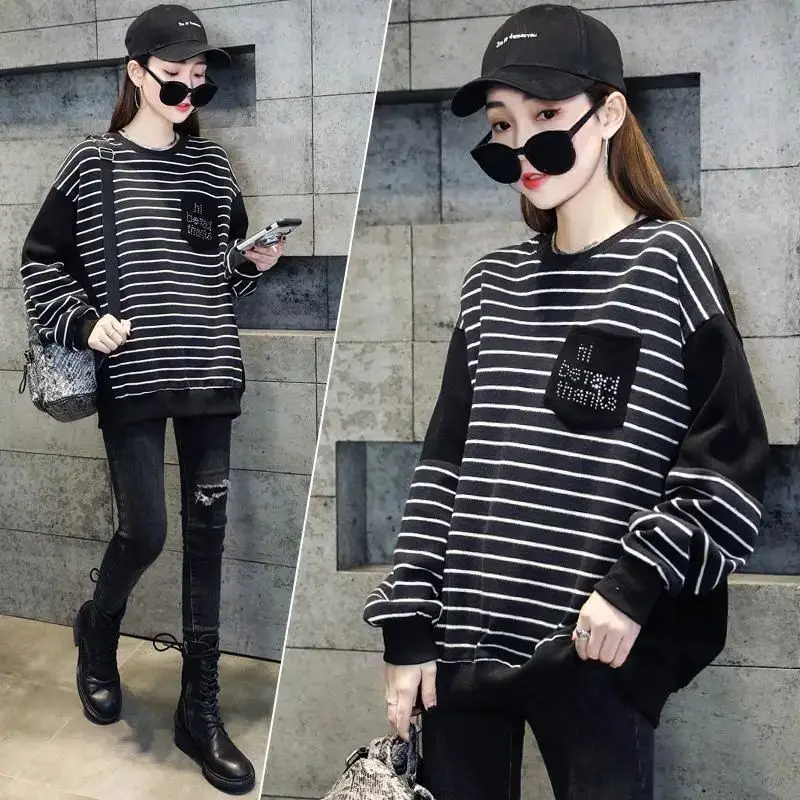 Female Streetwear Sweatshirt Rhinestone Woman Clothing Casual Korean Fashion Pullover Stripe Crewneck Clothes Black Vintage Tops