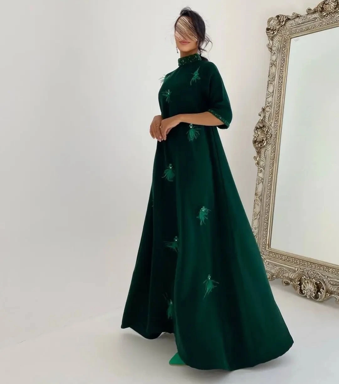 Saudi Green High Neck Prom Dresses Half Sleeves Shiny Beads Feathers Elegant Evening Dresses Formal Occasion Party Gowns