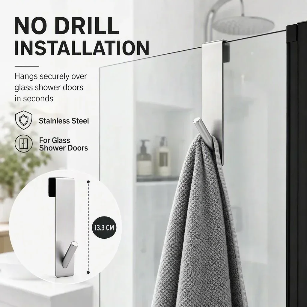 New Stainless Steel Shower Towel Rack S Shape Wall Mounted Bathrobe Hanger Rustproof Over Door Towel Holder Glass Shower Door