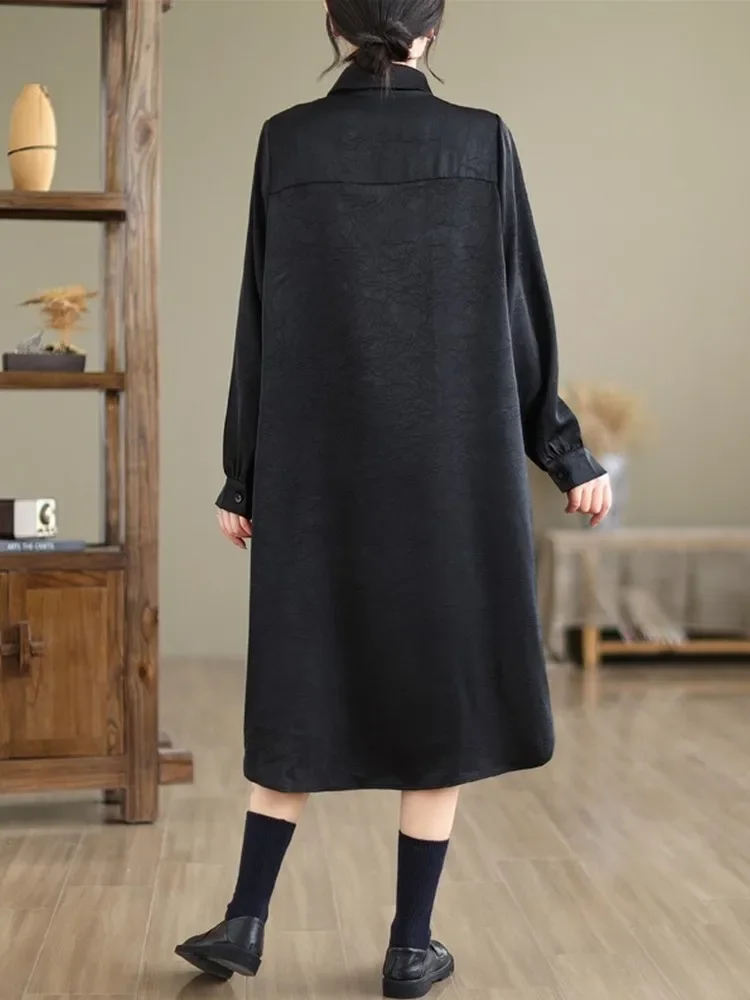 oversized vintage zwart met lange mouwen nieuw in jurken voor dames casual losse midi lente herfst shirtjurk elegante kleding 2025