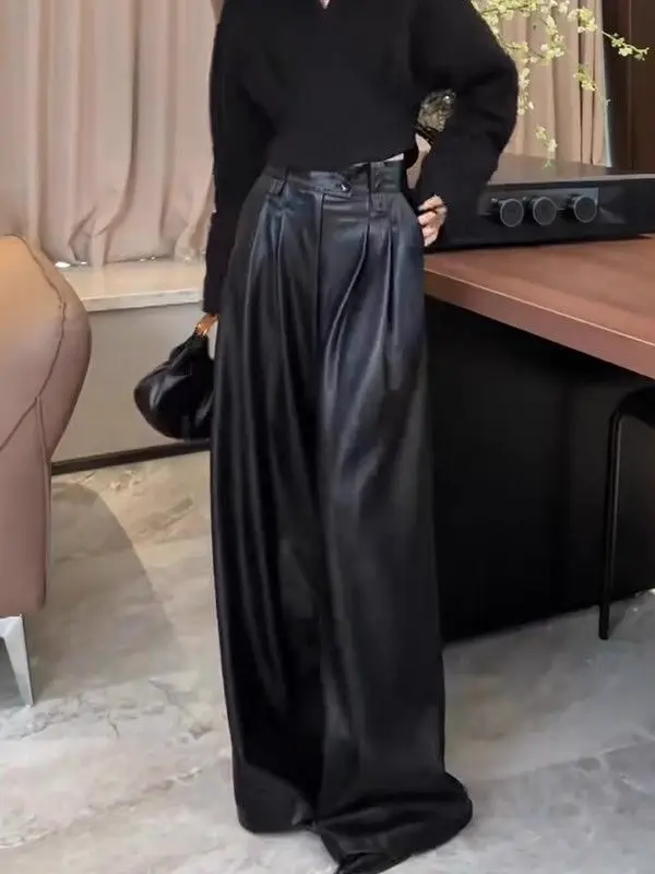 Ele Hong Kong Sle High Waist Straight Leg Bla PU Leather Pants Women's Autumn 2025 Wide Leg Casual Long Trousers