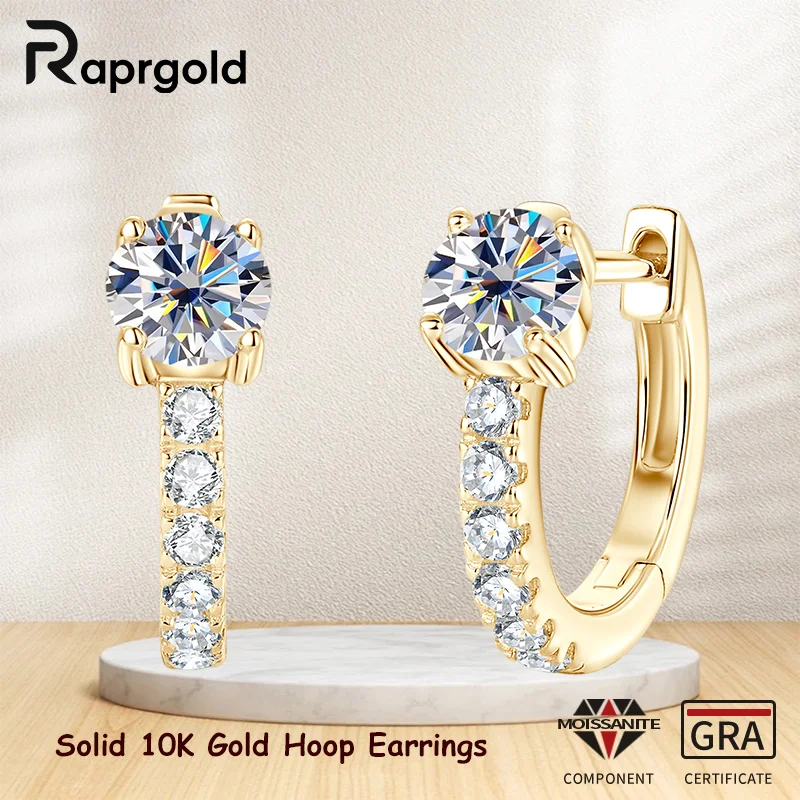 

RAPRGOLD однотонные серьги-кольца из золота 10 карат для женщин, сертифицированные 0,3 карата, круглые серьги для пирсинга с муассанитом, ювелирные изделия, подарки Pendientes