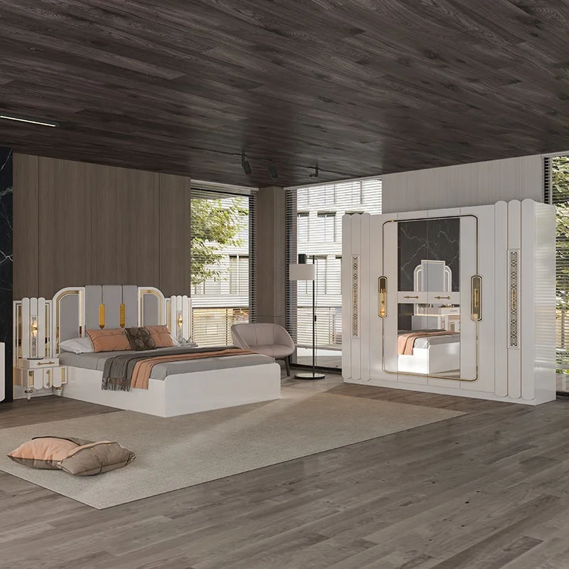 New Arrival Luxury Mdf Bedroom Sets with Storage Up-holstered Beds High Gloss Turkish European Style Bedroom Set king Size