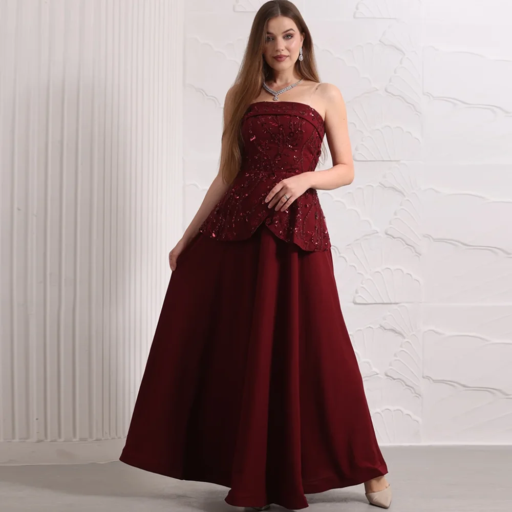 Hoge kwaliteit A-lijn bordeaux jersey strapless avondjurk op maat gemaakte gelegenheidsjurken eenvoudige mouwloze Saoedi-galajurk