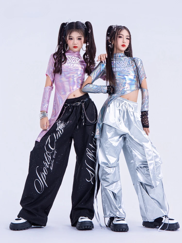 

Girls K-pop Stage Clothes Shiny Top Baggy Pants Streetwear Outfit Group Music Festival Jazz Dance Competition Runway Show Wear