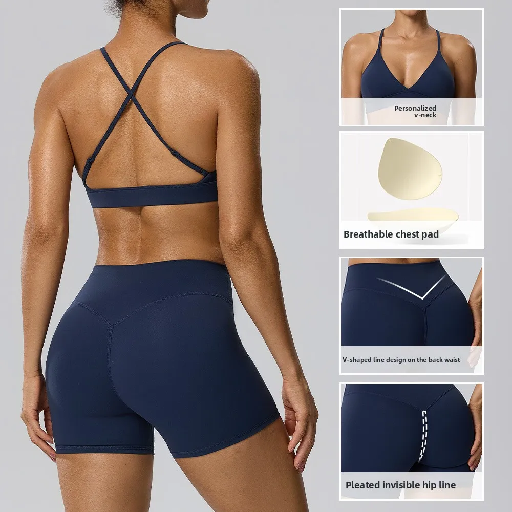 Sexy Yoga Deep V-neck Elastic Set Naked Tight Bra Tank Top+Peach Hip Shorts Three Leg Shorts Sport Two Piece Set