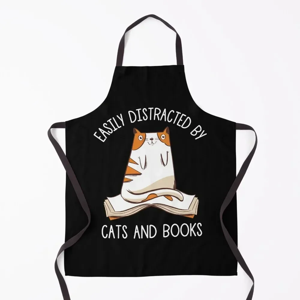 

Easily Distracted By Cats And Books Apron Kitchen Things And For Home Waterproof women For Man Haircut For Cooking Apron