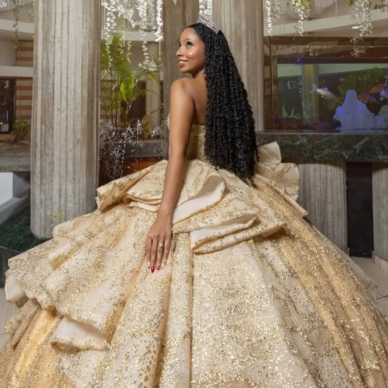 Vestido De quinceañera dorado champán brillante, calcomanía De lentejuelas doradas, cola larga, lazo grande, Vestidos De 15 quinceañera ﻿ Personaliza