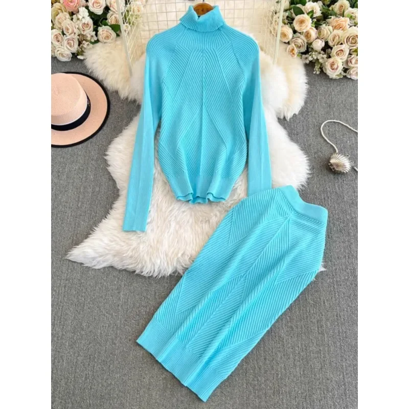 

Fashion Knitted Skirts Sets Women's Autumn Winter 2024 New Slim-fit Sheath A-line Skirt Turtleneck Sweater Two-piece Set Elegant