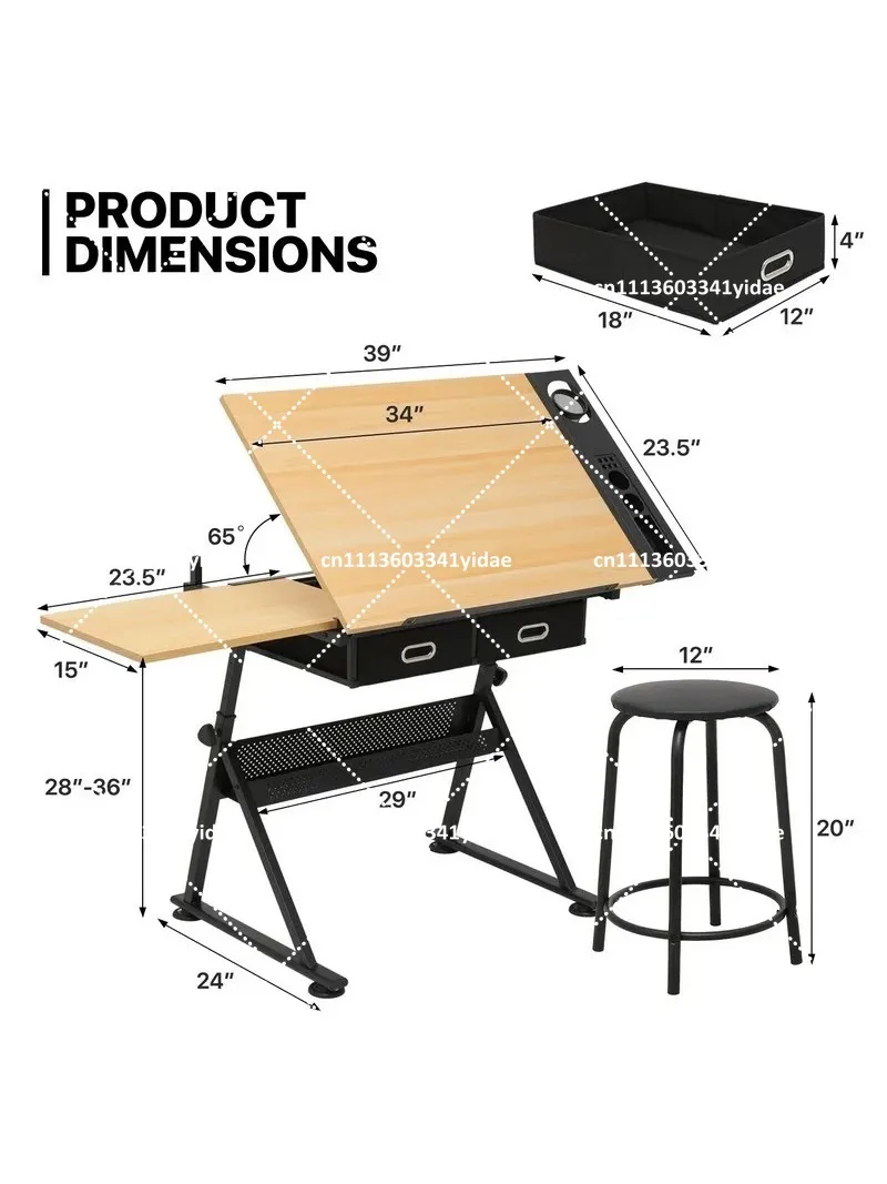 Adjustable Height Art Desk with Easel Stand for Painting, Drawing, Computer Design & Books, Artist Workstation