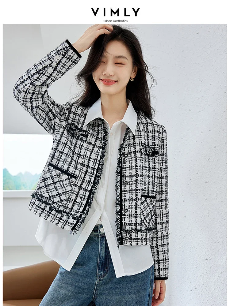 

Vimly Plaid Cropped Tweed Jackets O-neck Long Sleeve Women's Coats 2023 Autumn Winter Thick Elegant Straight Womens Jacket M3211