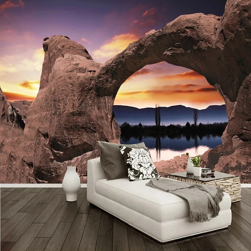 Custom Mural Wallpaper 3D Cave Stone Lake Light Mountain Scenery Fresco Living Room Theme Hotel Decor Creative Papel De Parede