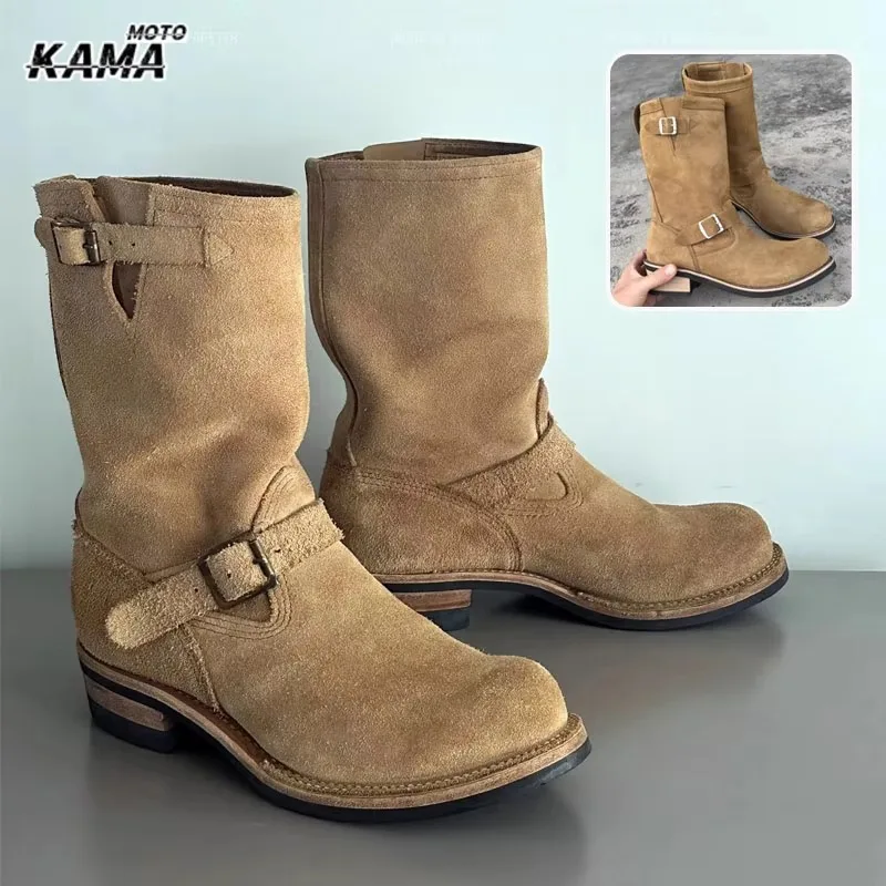 Neue Herren-PU-Lederstiefel, Herren-Lederstiefel mit rundem Mittelteil, Stiefel mit flachem Boden, trendige Retro-Lederschuhe für Herren