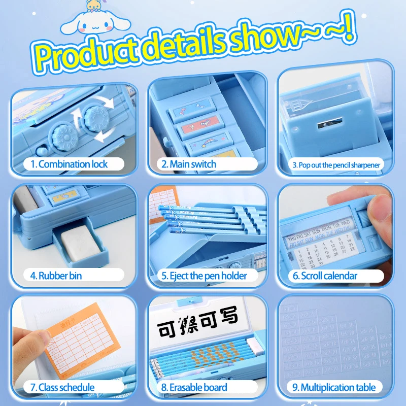 Astuccio per matite Kawaii Cinnamoroll Kuromi Melody Astuccio multifunzione a doppio strato con serratura codificata di grande capacità Cancelleria per studenti