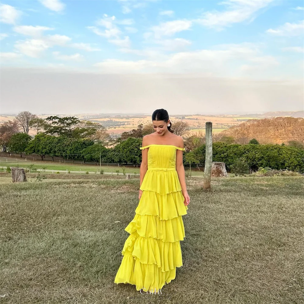 

Cathy Customized Yellow Off Shoulder Tiered Ruffle Prom Dress Elegant Sleeveless vestidos de noiva Floor-Length Formal Evening