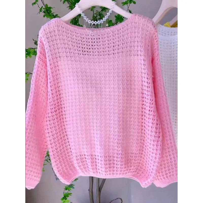 Spring and Summer Thin Hollow Long Sleeve Knitted Sweater for Women, Loose Breathable Vintage Design Top