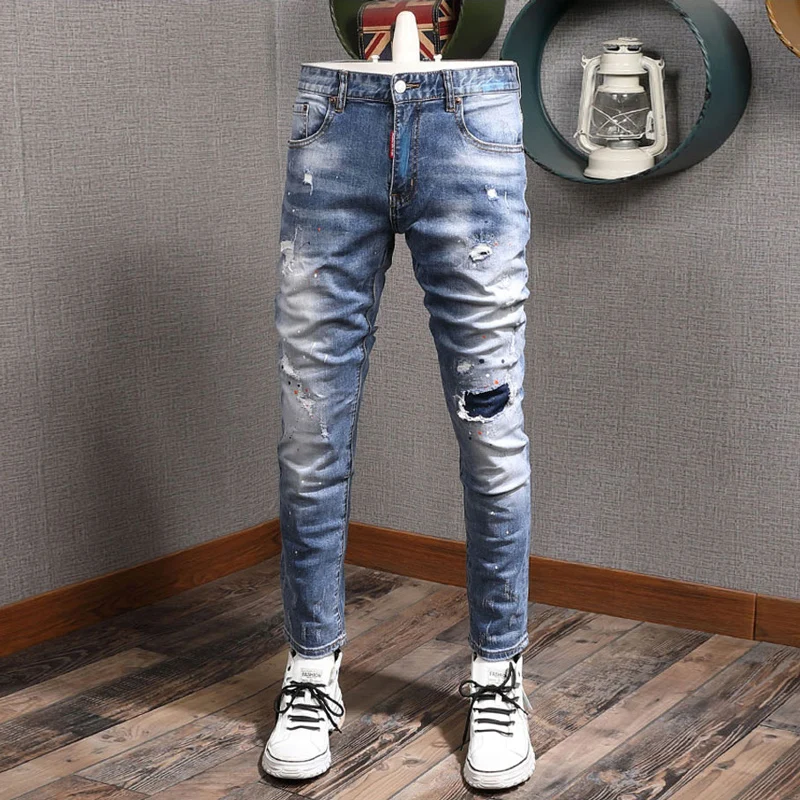 

Fashion Streetwear Men Jeans Retro Light Blue Stretch Slim Ripped Jeans Men Painted Designer Elastic Hip Hop Hole Pants Hombre