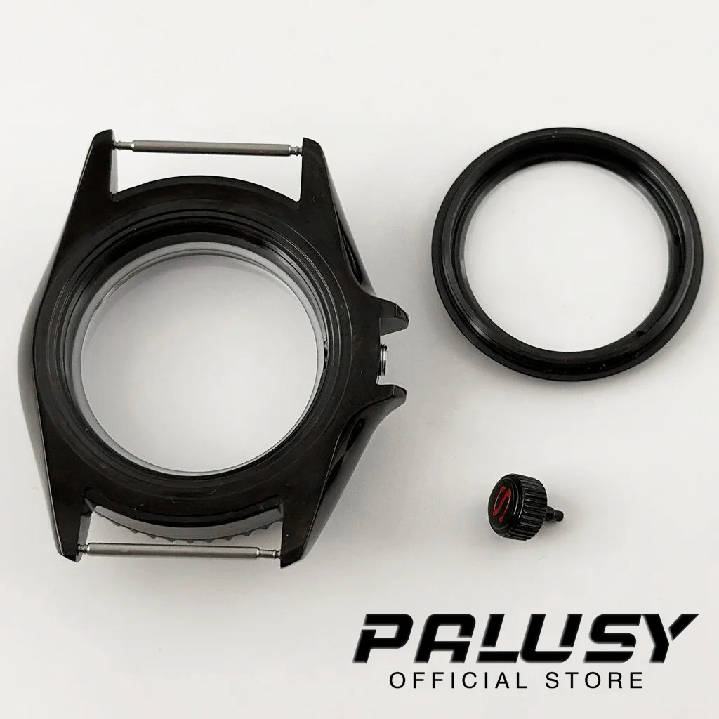 S Crown PVD negro 42mm caja de reloj con cristal de zafiro mecánico para hombre accesorios NH34 NH35 NH36 caja resistente al agua transparente