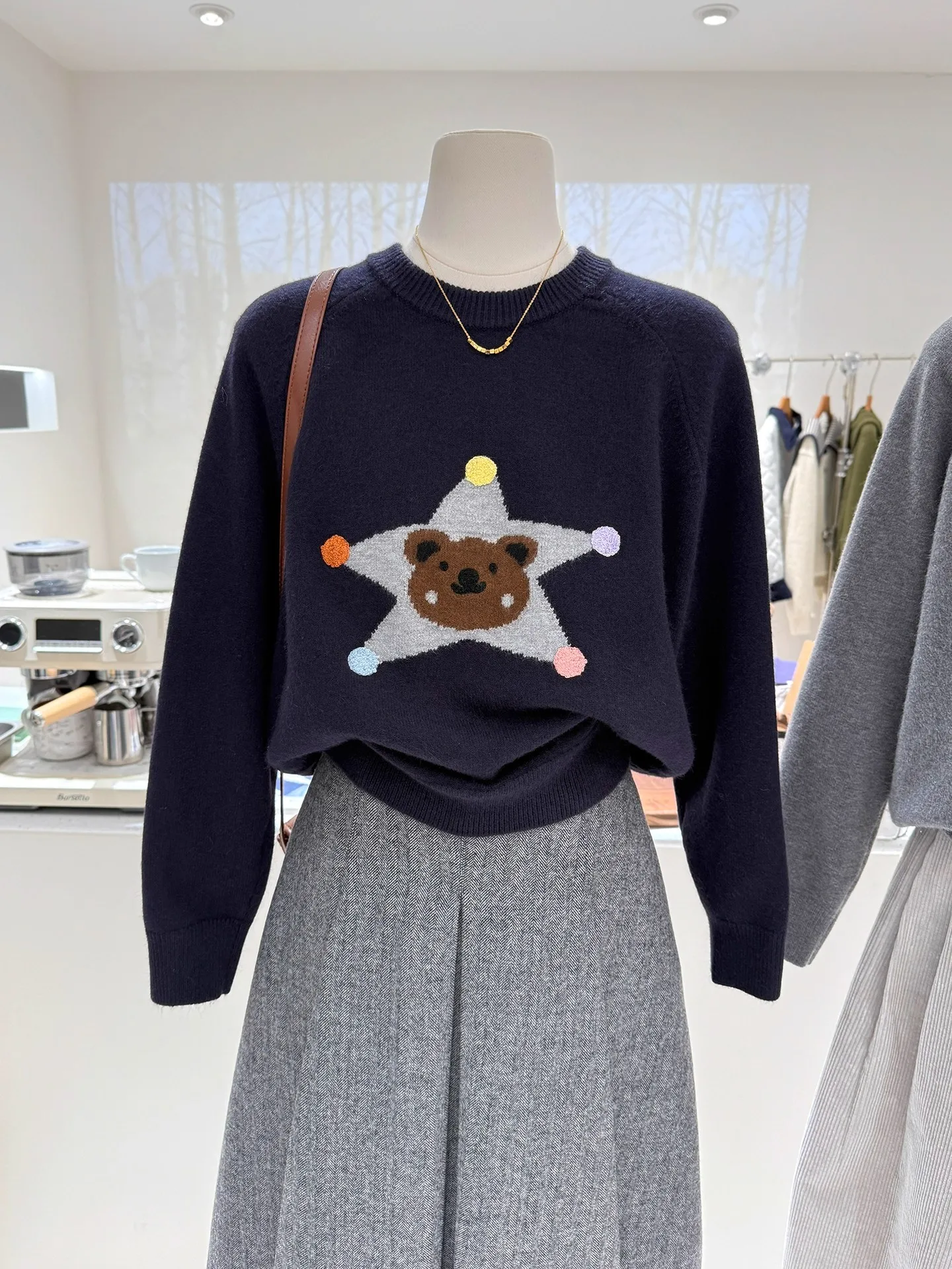 Retro Korean Sle Women's Knitted Sweater round Ne Loose Fit Soft Cozy Cartoon Bear Star Print Autumn Winter New Arrival