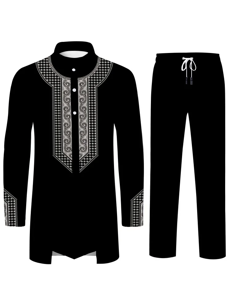 Islamic Culture Men's Suit Men's Long-sleeved Pants Three-dimensional Printing Pattern Islamic Clothing Two-piece Casual Fashion