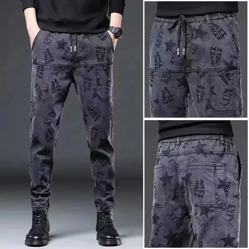 

Мужские джинсы свободного кроя с высокой эластичностью, износостойкие, для работы, в стиле Харадзюку, на осень-лето