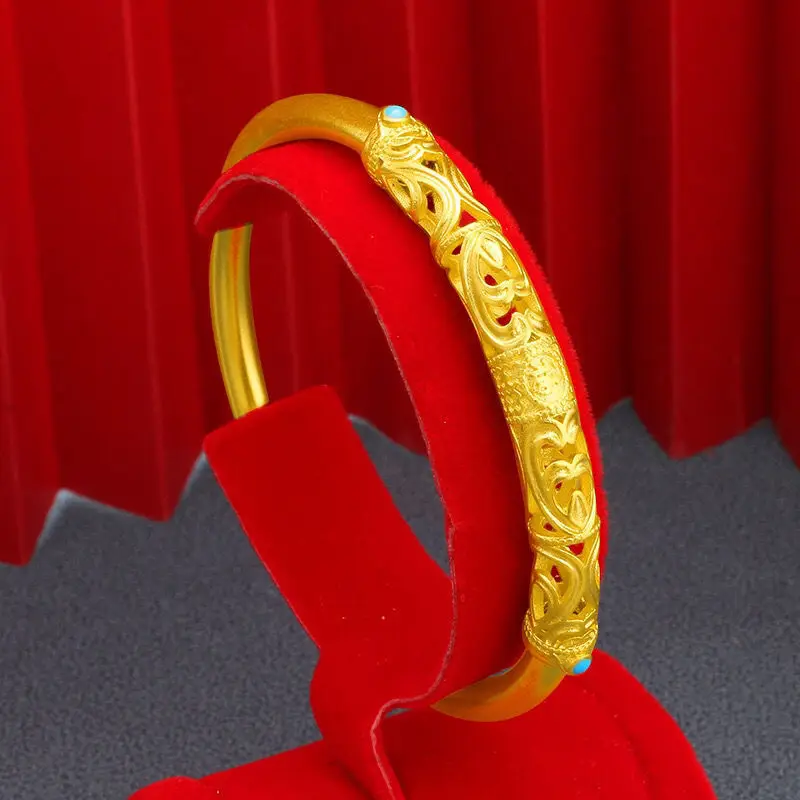 

AU999 24K Gold Blessing Bangle | Enamel - rimmed "Fu" character, cloud - openwork band, easy - open, vintage & grand