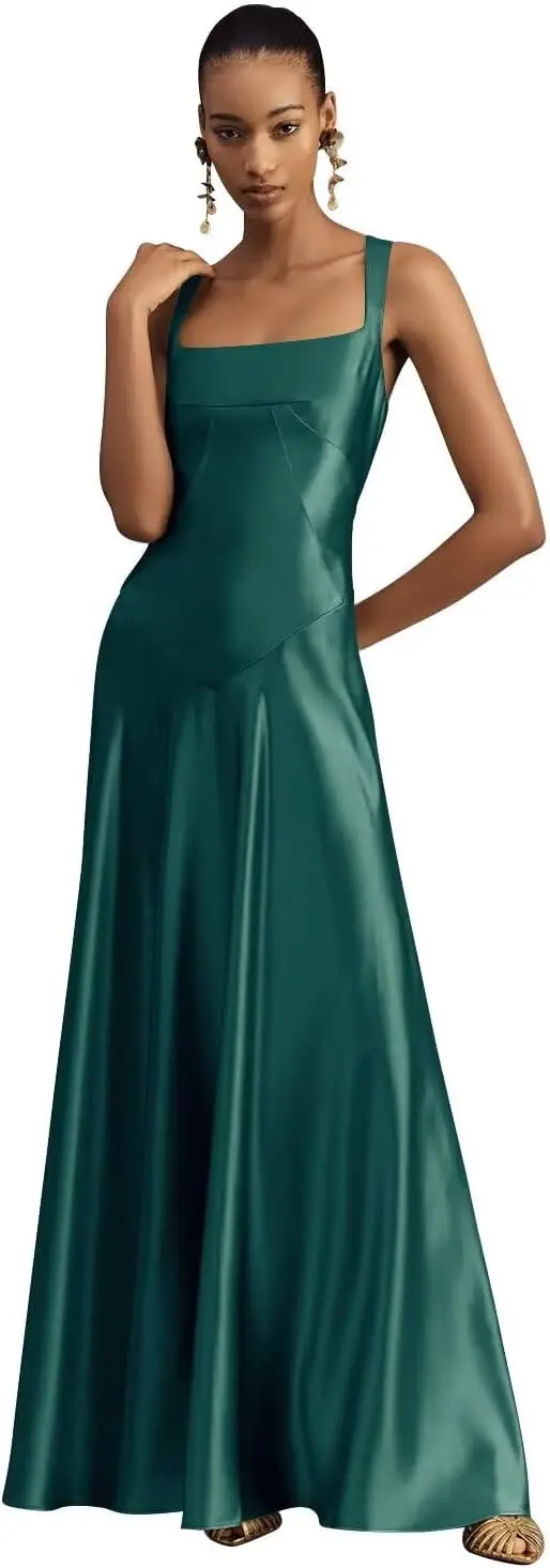 

Satin Square Neck Bridesmaid Dress 2025 Women's Long Slim Formal Evening Dress, Simple Elegant Party Cocktail Ball Evening Dress