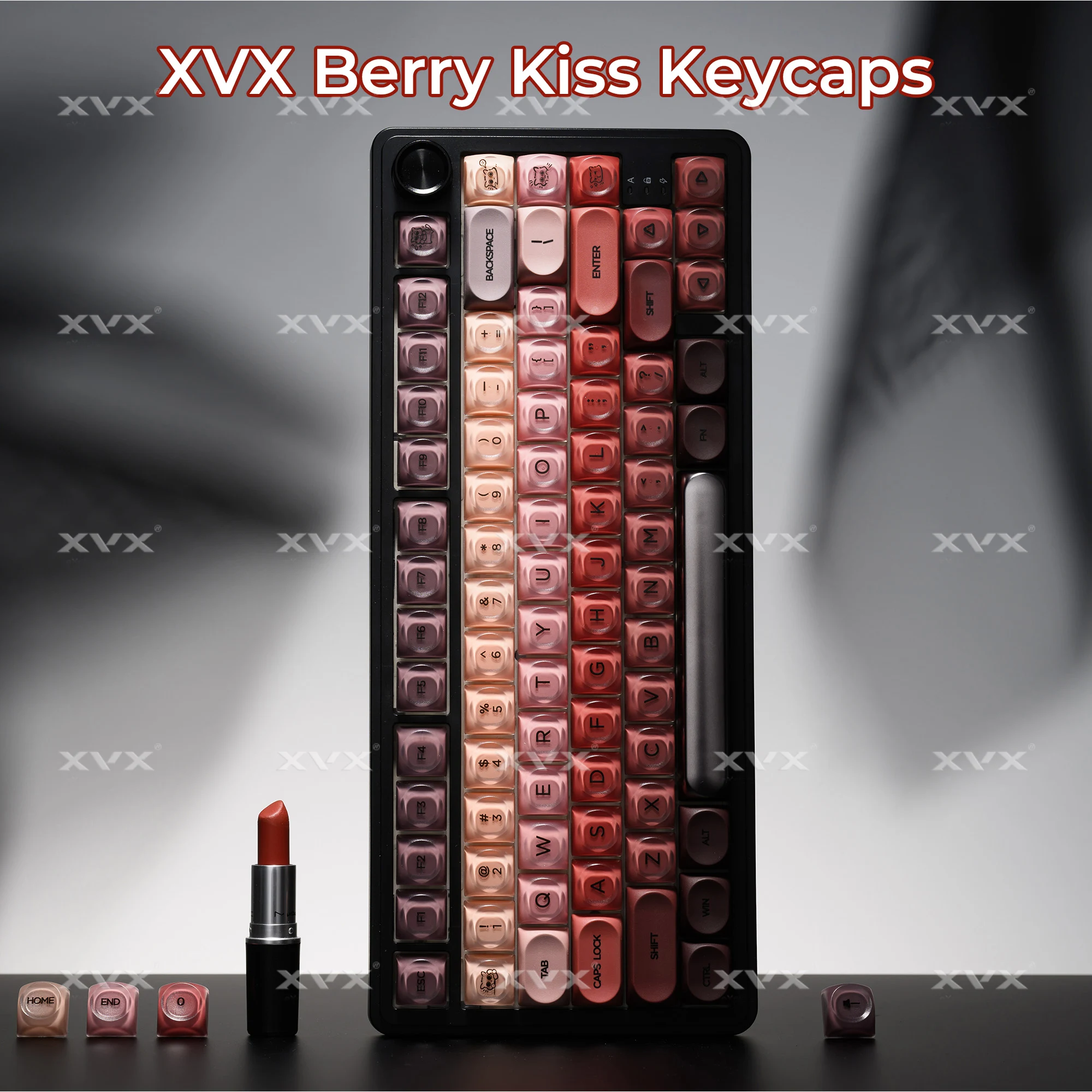 XVX Berry Kiss Key Caps Frosted Texture Gradient Foundation&Red Lipstick Theme Keycaps 75% Dye Sub Pbt+Pc HOA Profile 132 Keys