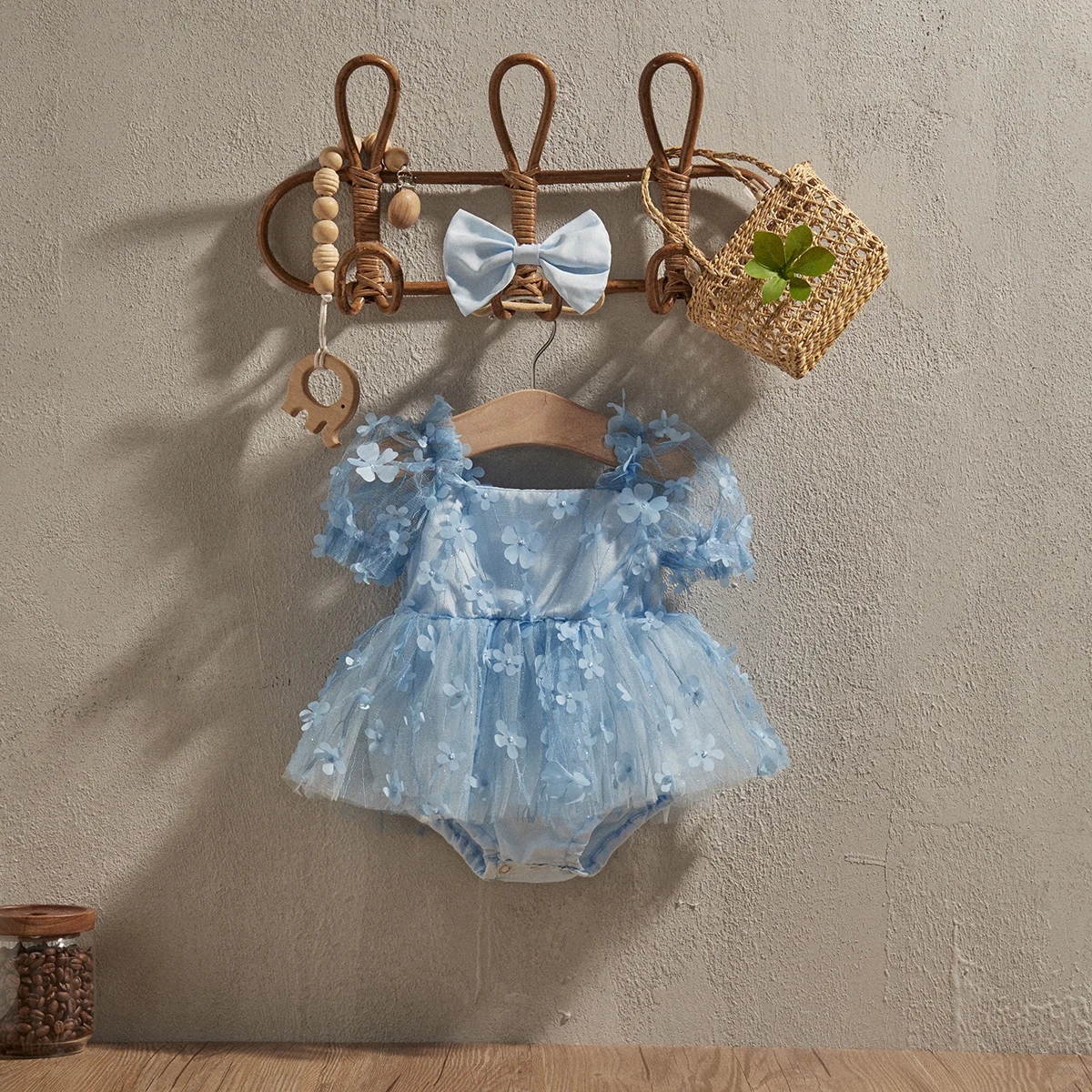 EWODOS Baby Girl Infants Mini Dress 2 Piece Outfits Flower Short Sleeve Romper Dress with Cute Headband Blue Set Summer Clothes