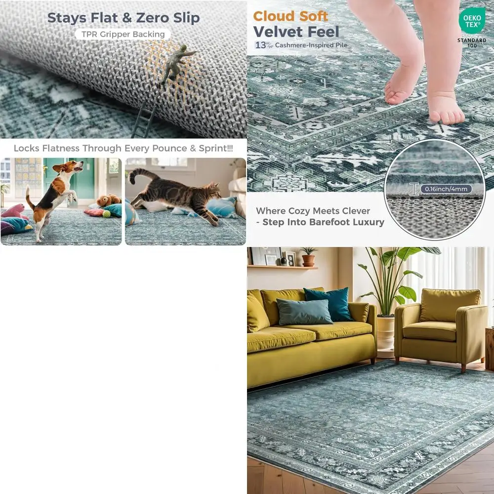 

Винтажный бирюзовый ковер 8x10, ретро-стиль, моющийся ковер с низким ворсом, подходит для гостиной, спальни, офиса и столовой