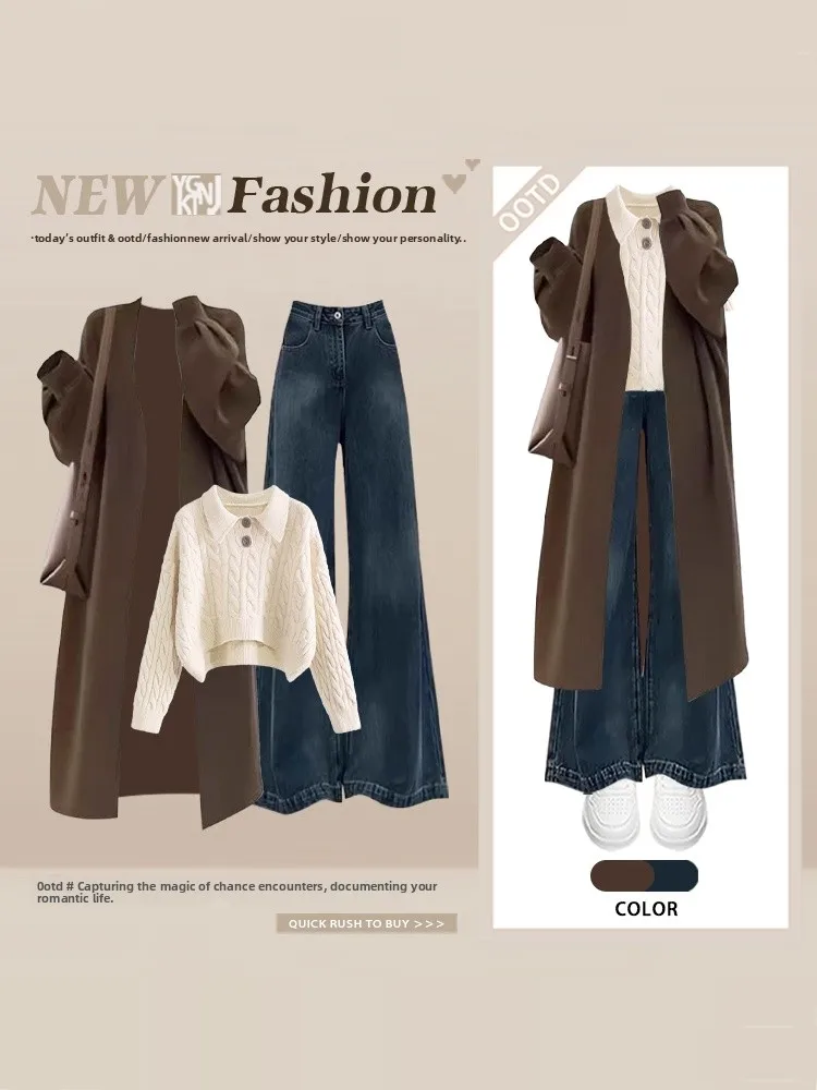 

Уникальное вязаное пальто средней длины с отложным воротником и расклешенными джинсами для зимы, модный комплект футболок для женщин