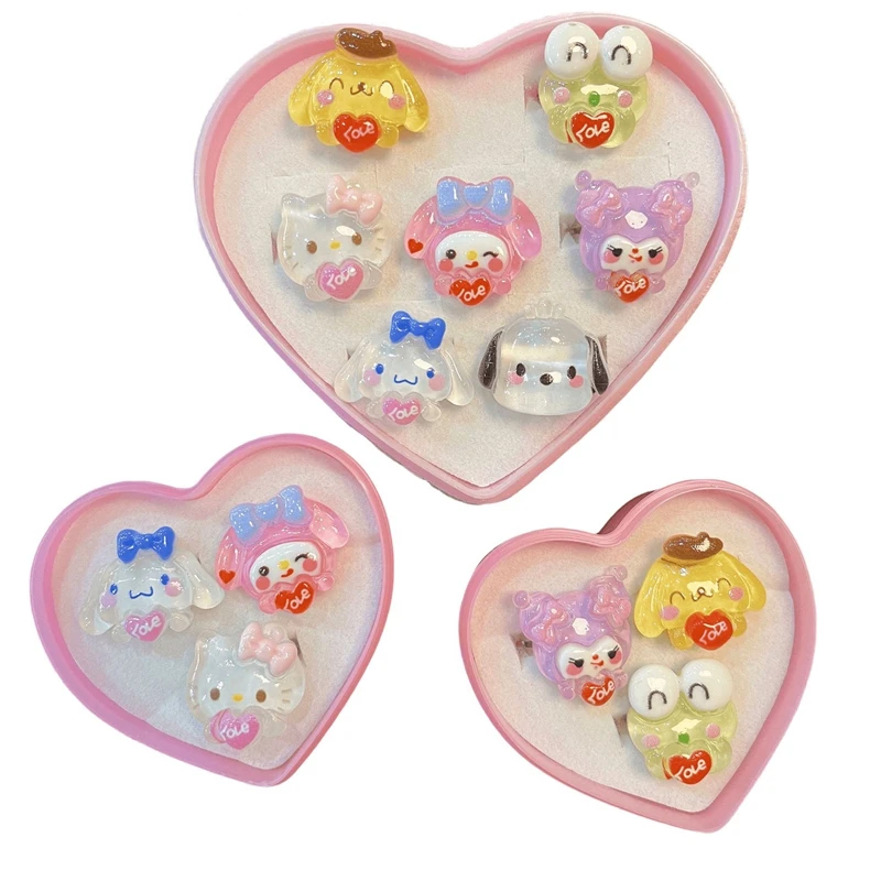 Sanrio Ring Kuromi Hello Kitty My Melody Kawaii Anime Cinnamoroll Open Adjustable RingWith Love Box Girl Heart Decorate Toy Gift