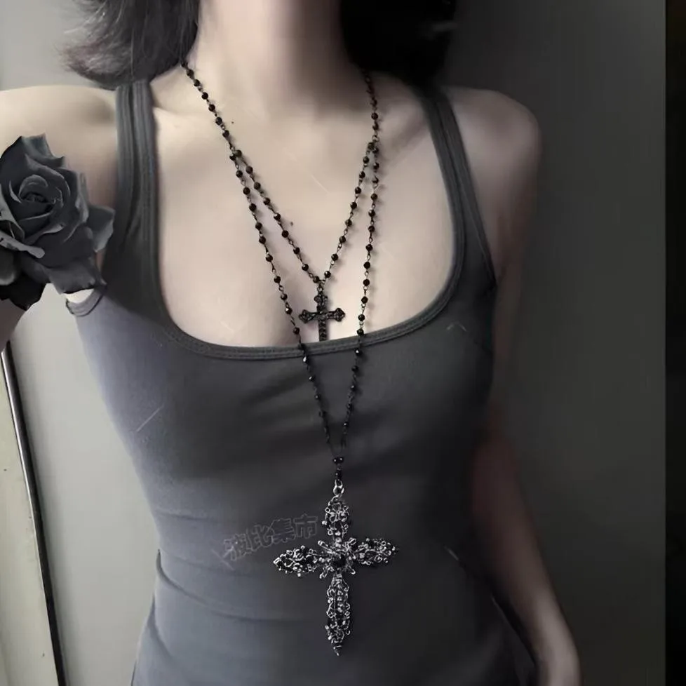 Dunkler kalter Wind Gothic Wind Black Rose Perlen Kreuz Lange Halskette Nische Licht Luxus Spice Girl Pullover Kette