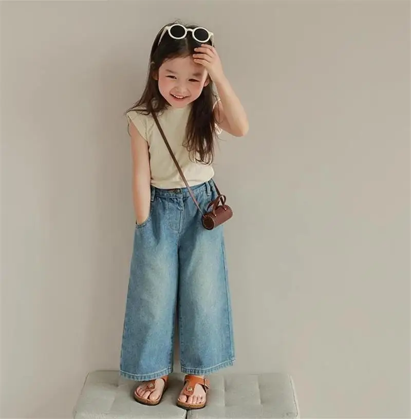 Humor Bear Girl Clothes Kids Clothing Summer Baggy Multi-pocket Elastic-waisted Jeans Wide-leg Pants Girls Pants