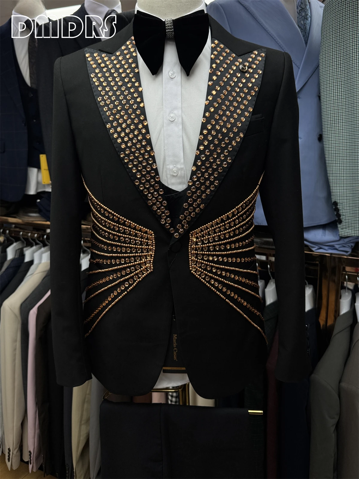 DTLumika Роскошный мужской костюм с кристаллами, облегающий черный комплект из трех частей, брюки-смокинг, мужские официальные костюмы Haute Couture