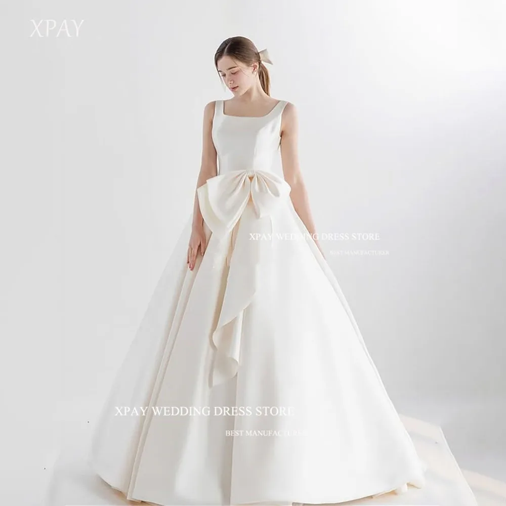 

XPAY Elegant Square Collar Bow Korea Wedding Dresses Train Simple Satin Bride Gown Corset/Zipper Bridal Party Gown Customized