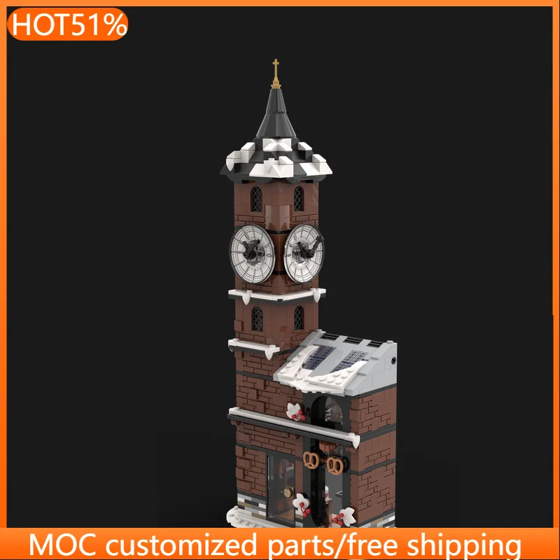 

599 деталей: Средневековая пекарня-часовая башня MOC, модульный конструктор, развивающая технология, творческий дизайн, игрушка DIY, рождественский подарок для детей