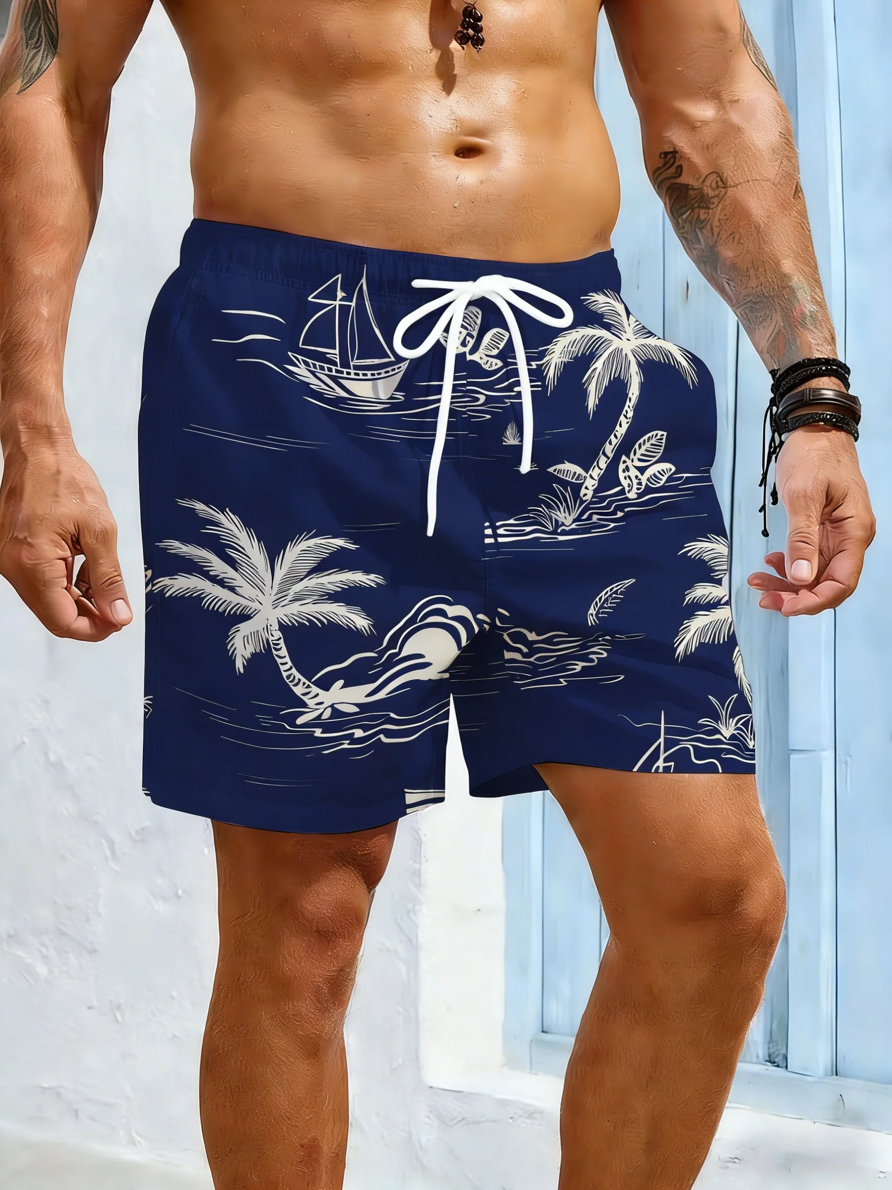 Men's Coconut Tree 3D Printed Hawaiian Shorts Summer New Quick Drying Breathable Casual Fashionable Outdoor Beach Pants