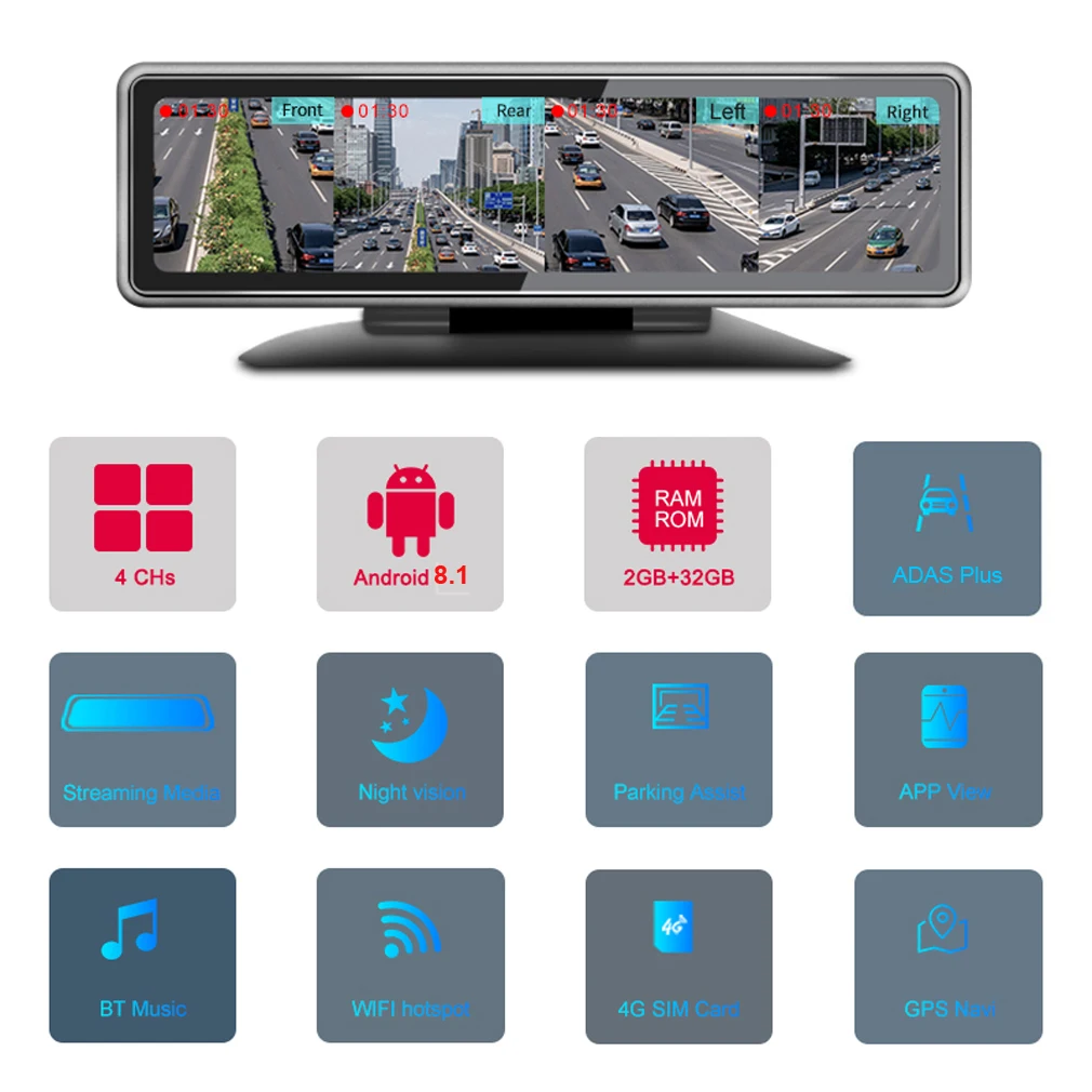 4G Android 8.1 Mirror Wifi Dash Cam , 360°4CHs cameras record,GPS ADAS IR night vision,special bracket rearview Mirror/Dashboard