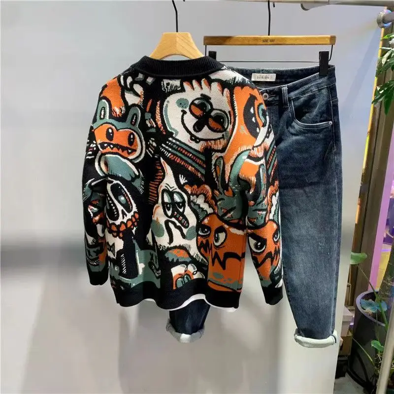 2023年秋ファッショナブルなアメリカンカジュアルルーズニットVネックプリントオープンカーディガンメンズセーター厚みのある長袖トップ