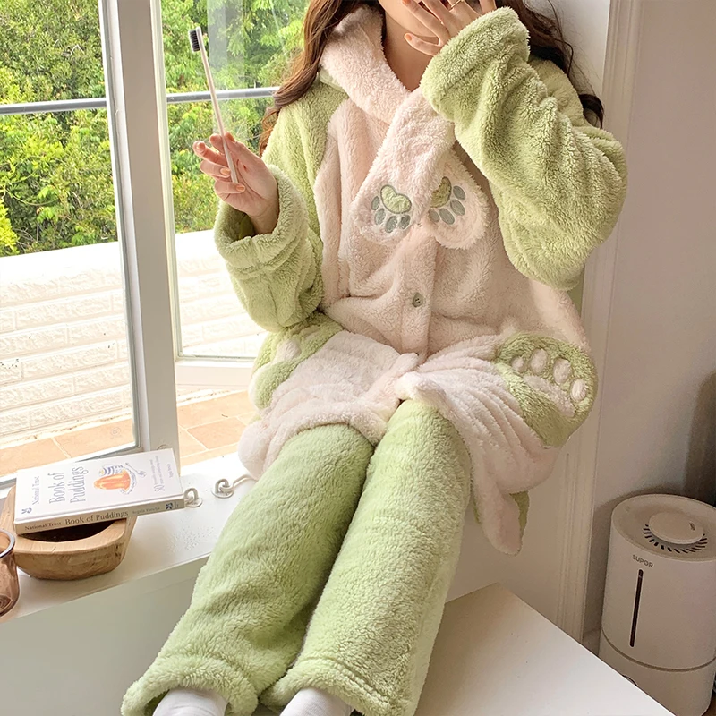 Pass-time winter thick microfine cute sleeping button gown long pants set women hoodies nightwear homewear SE1503