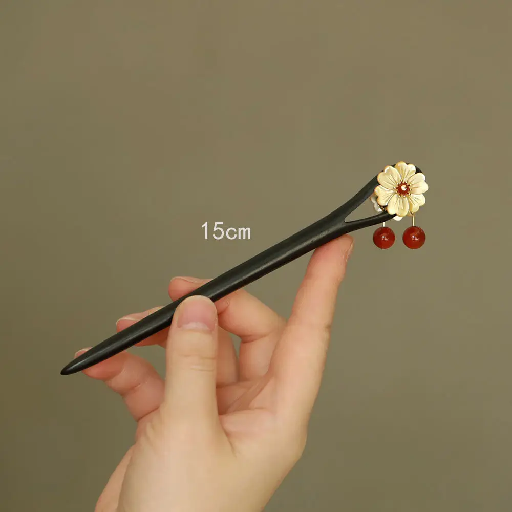 Traditional Chinese Hanfu Ebony Hair Stick Yellow Shell Flower Red Agate Pendant Hair Accessory For Daily Bun New Year Party Mul