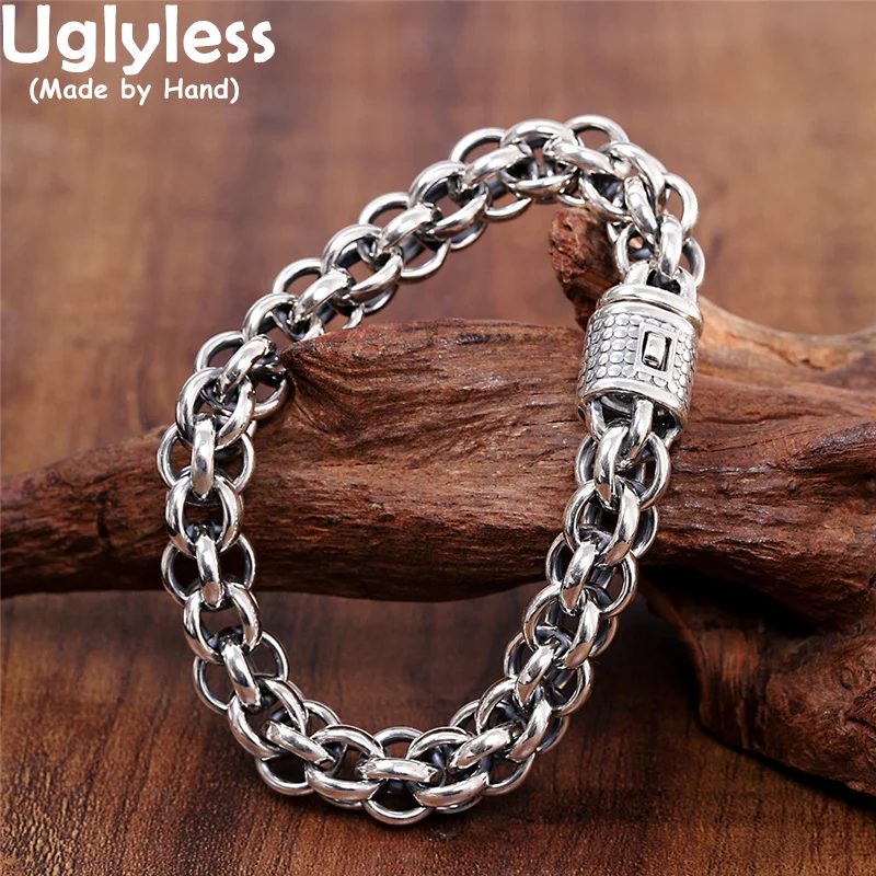 Uglyless Cool Thick Men Thai Silver Bracelets Cross Chains HIP-HOP Bracelets Simple Male Dress Fashion Jewelry 925 Silver Bangle