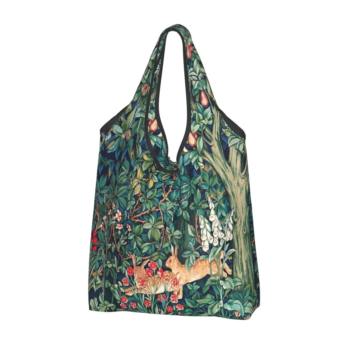 Greenery, Forest Animals Hares Blue Green Red Floral Tapestry Tote Shopping Bags Shopper Bag Groceries Handbag Shoulder Bag