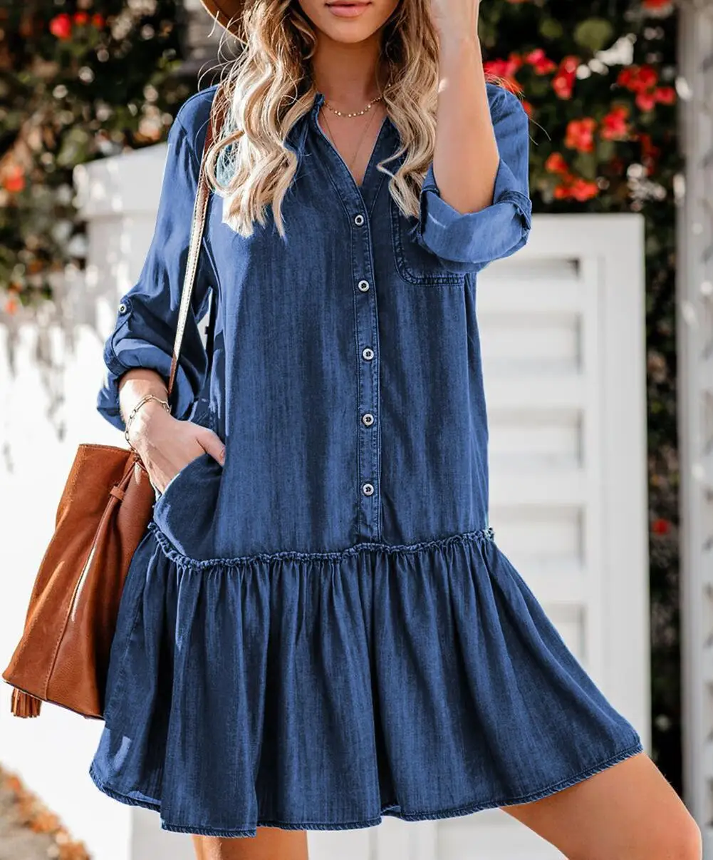 

Loose Casual Solid Color Dress Fashion V-neck Long Sleeved Button Pocket Spliced Folds Hem Midi Dress Spring Commuter Dresses