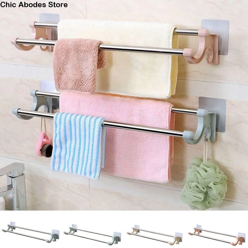 

Stainless Steel Double Rod Towel Bar Punch-free Wall Mounted Towel Rack Space Saving Traceless Towel Storage Shelf Kitchen