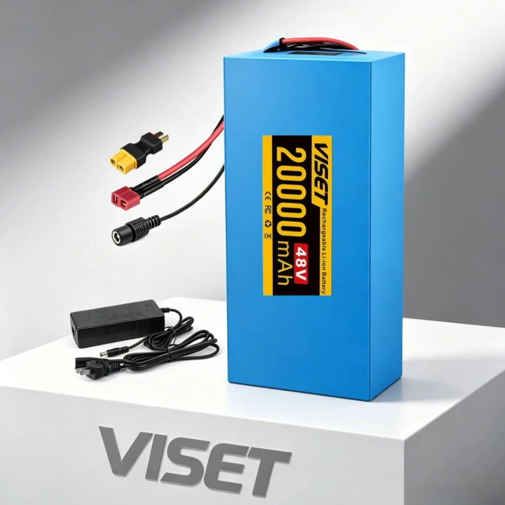 VISET 48V 20AH 18650 Electric Li-ion Battery with LED Power Display 30A BMS Compatible with E-Bikes Scooters and 100-1000W Motor