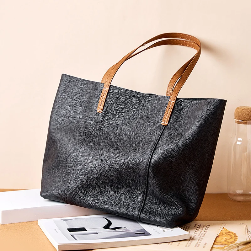 2023 New Women\'s Tote Bag Female Large Capacity Handbag Lady Casual Cowhide Genuine Leather Shoulder Shopping Composite Bag