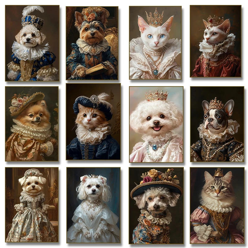 Bulldog King Cat Queen Royal Animals Crown Pet Portrait Canvas Paintings Posters Prints Wall Vintage Art Living Room Home Decor